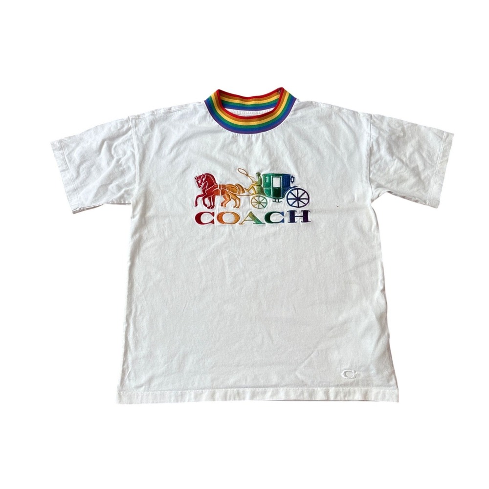 Coach T-Shirt Women White Rainbow Pride Horse and Carriage Logo SIZE XS